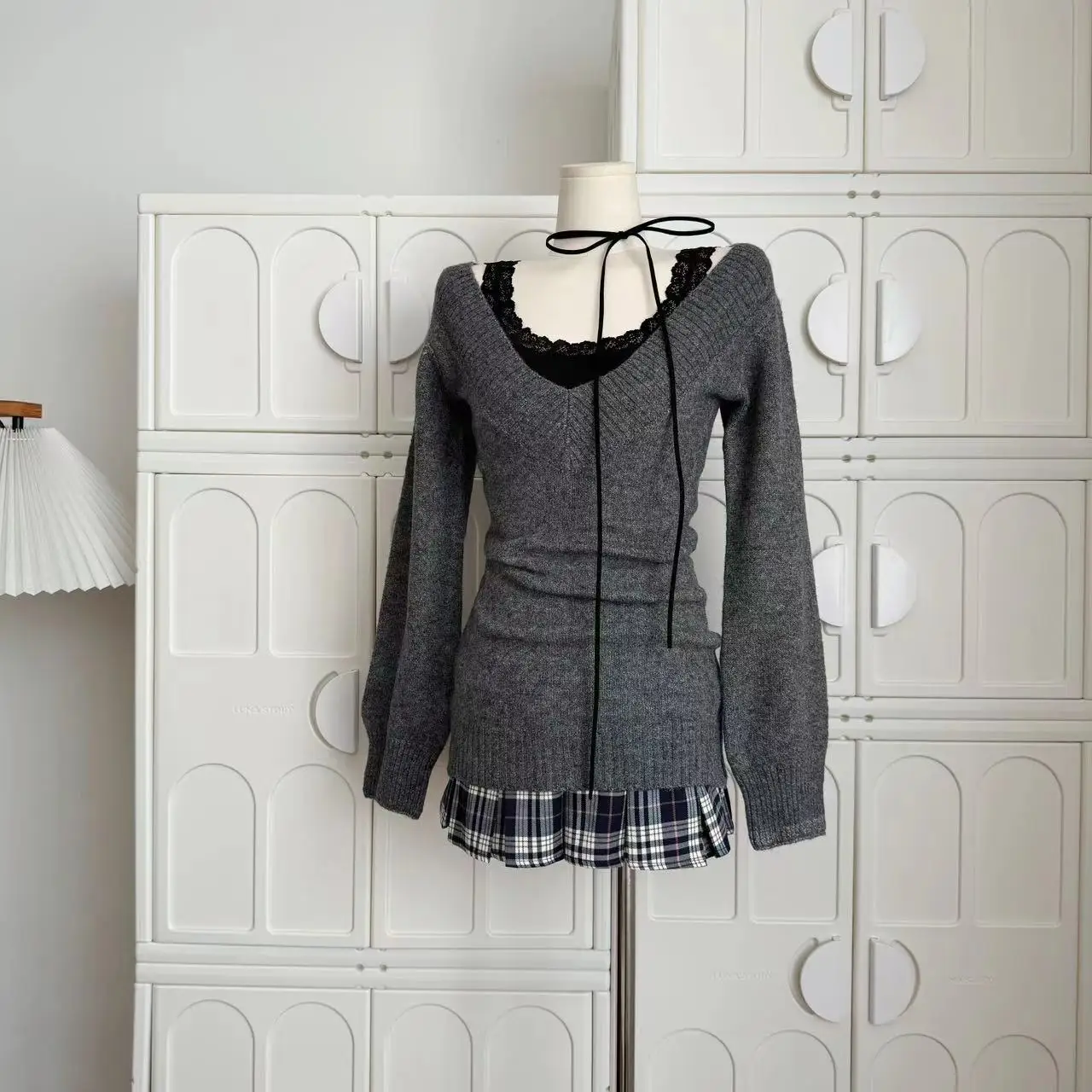 Autumn Winter Woman Gyaru V-neck French Vintage Sweater Long Sleeve Pullover Knitwear Mini Skirt 2000s Aesthetic 3-piece Outfits