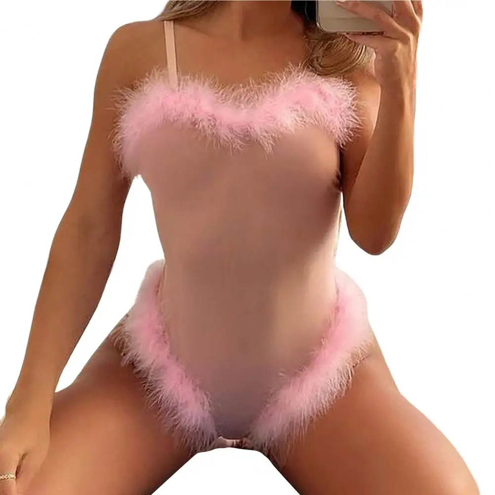 Lounge Bodysuit Onesies Women See-through Mesh Skinny Sleeveless Sexy Slim Thin Fluffy Spaghetti Strap Lady Playsuit
