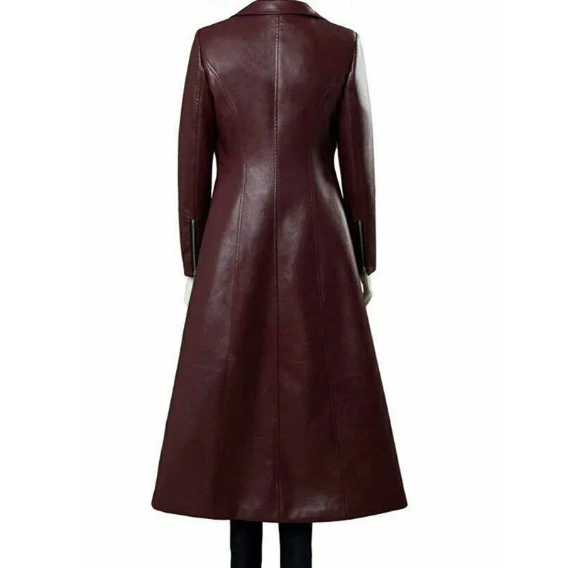 Women's Authentic Real Leather Trench Coat Long Overcoat Maroon Winter Jacket Fashion Trends