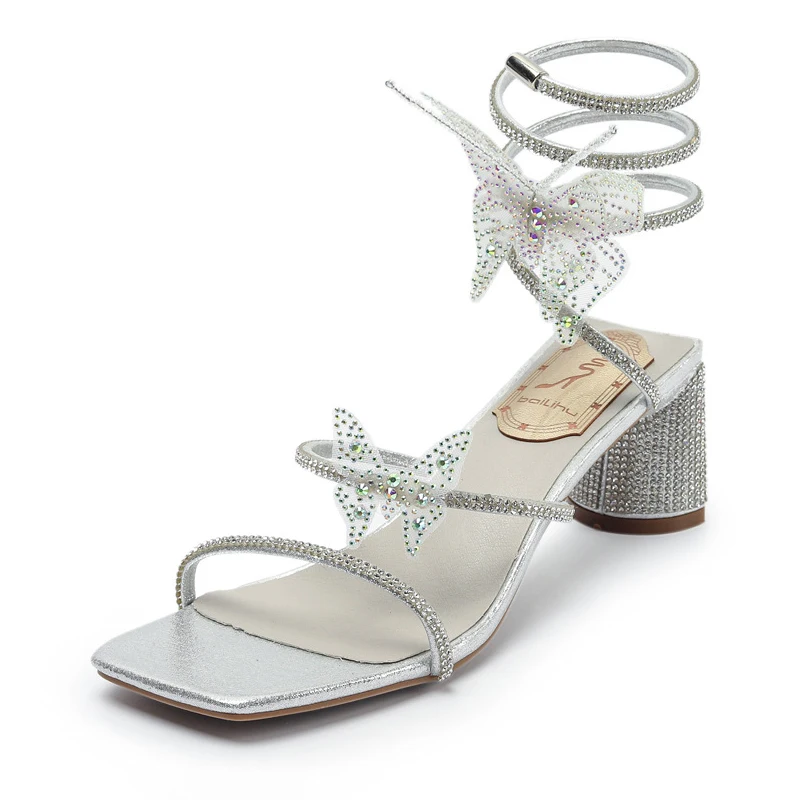 

2023 Summer New Women Sandals Luxury Rhinestone Bow High Heels Sandals Fashion Snake Wrap Tape Banquet Shoes Women