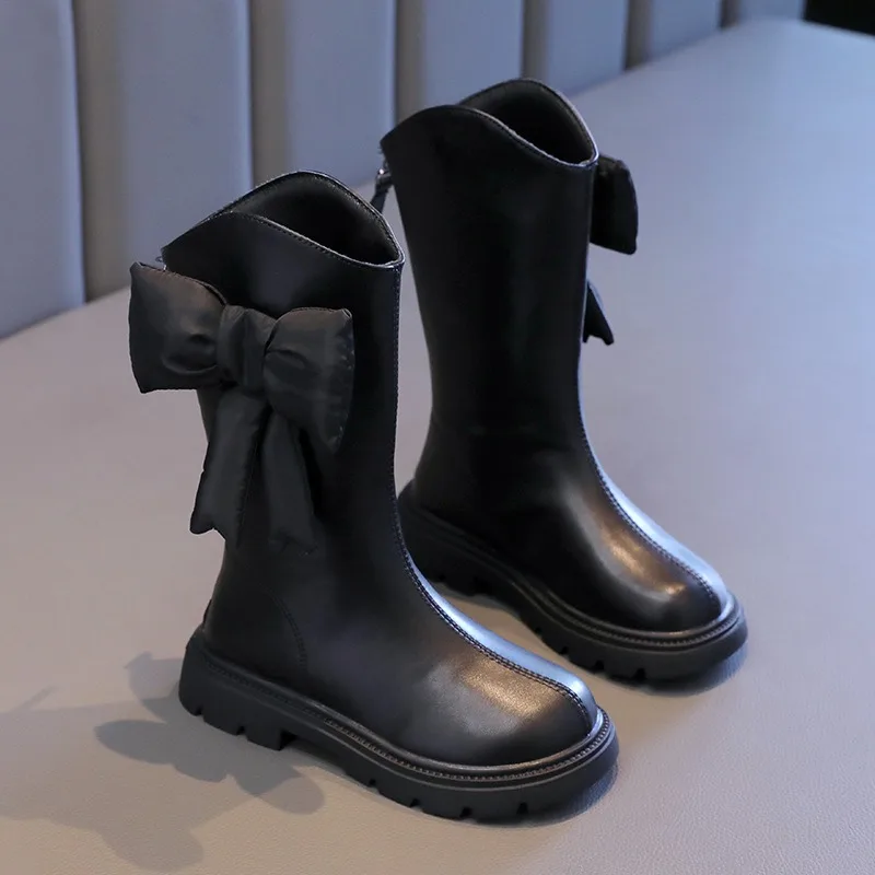 New Winter Girls Princess Cotton Boots Elegant Bowknot Children Causal Boots Fashion Black Versatile Kids Simple Mid-calf Boots 2