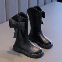 New Winter Girls Princess Cotton Boots Elegant Bowknot Children Causal Boots Fashion Black Versatile Kids Simple Mid-calf Boots 2