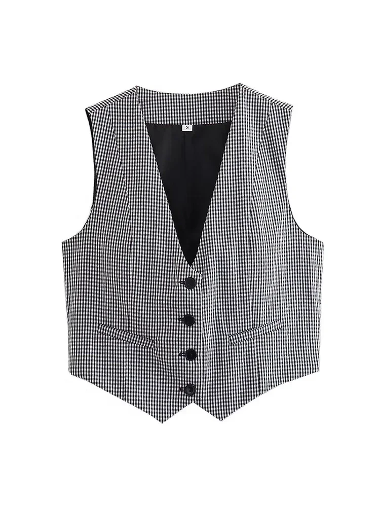 Aoaiiys Vest Women Cropped Waistcoat Fashion Front Buttons Tops Vintage V Neck Sleeveless Female Outerwear White Chic Vests New 4