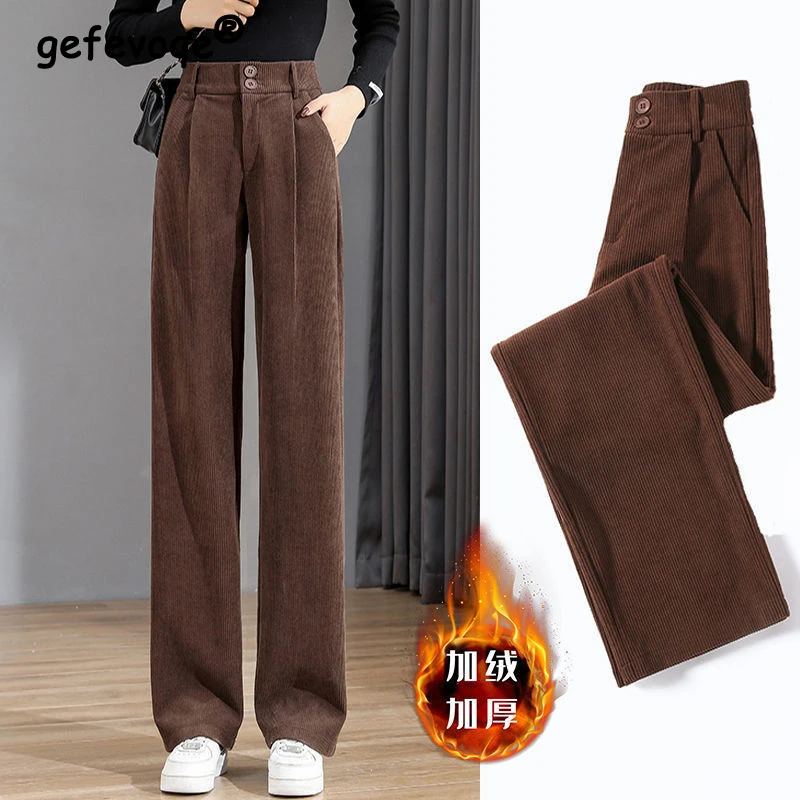 Women Clothes Autumn Winter Korean Vintage Corduroy Wide Leg Pants Casual Streetwear High Waist Straight Trousers Y2K Pantalones