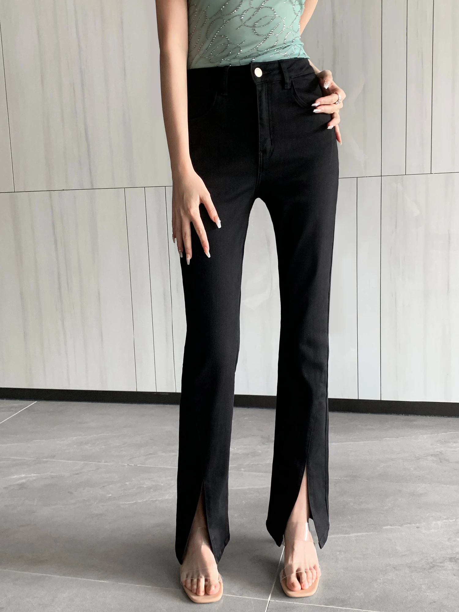 JEANSFORWOMENSPANTS2023SUMMERNEWBLACKSPLITDESIGHSKIMY2K