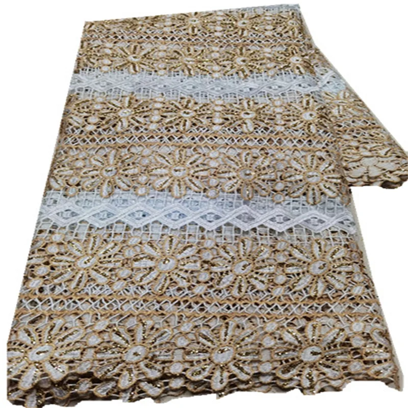 

Африканская кружевная ткань 2021, Водорастворимая кружевная Ткань 5 ярдов, Нигерия, золотой и белый тюль для шитья свадебной одежды FW101