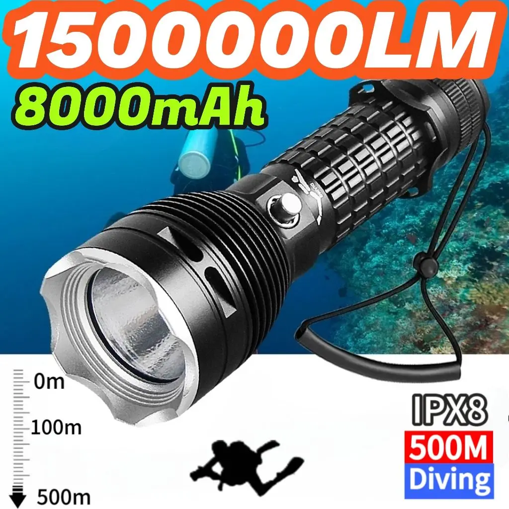 High Power Diving Flashlight IP68 Highest Waterproof Rating Professional Diving Light 18650 Battery Hand Rope