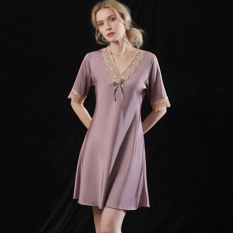New Spring and Summer Silk Nightdress Homewear Sexy Lace Pajamas Soft Satin Silk Short Sleeve Dress