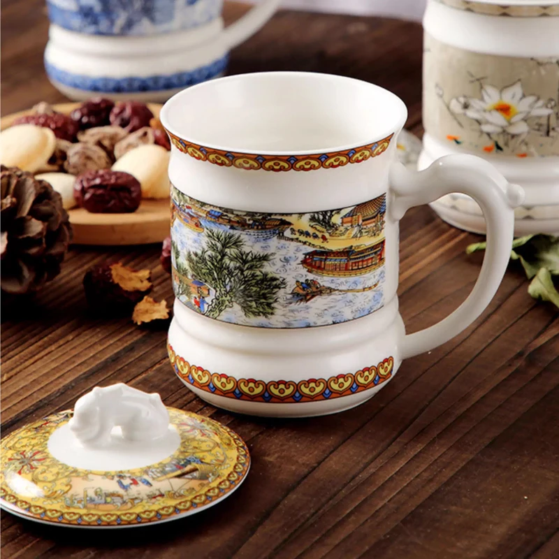 Chinese Style Pattern With Cover Ceramic Personal Mugs, Creative Household tea service items Milk Water make tea Cup, 400ml, 1Pc