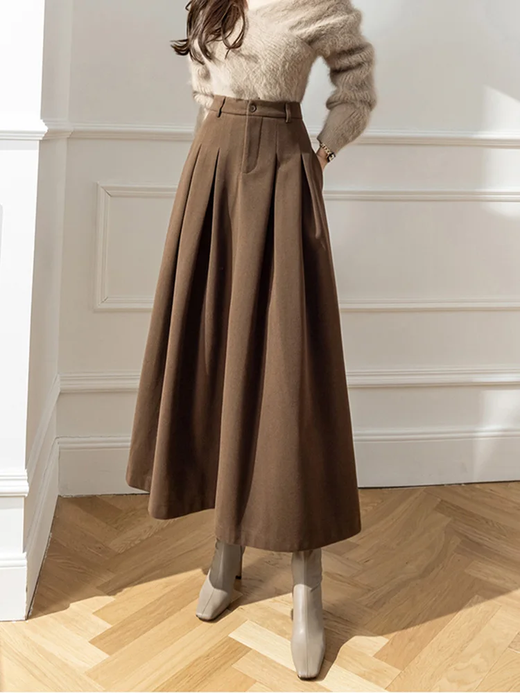 

New 2024 Autumn Winter Long Woolen Skirt For Women High Waist Khaki Or Black Color Korean Fashion Casual Pleated Skirts Female
