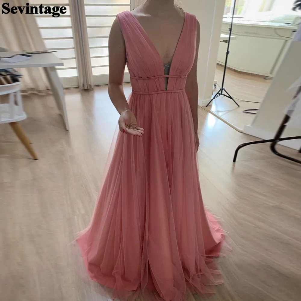 

Женское длинное вечернее платье Sevintage, розовое фатиновое плиссированное платье с глубоким V-образным вырезом, платье для свадьбы, подружки н...