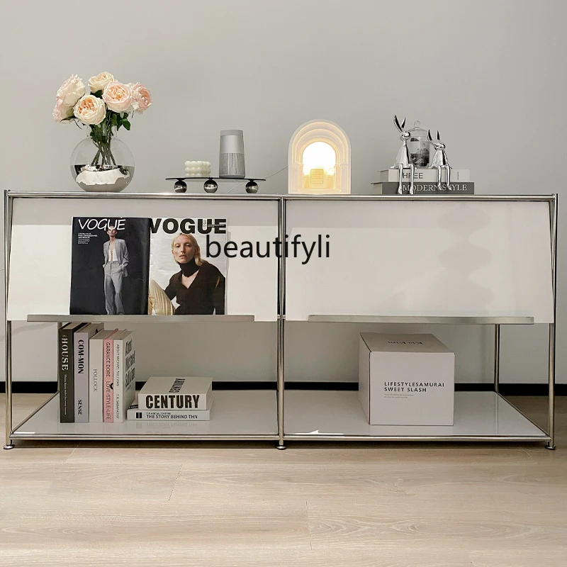 

Modern Simple Stainless Steel Magazine Rack Chest of Drawers Middle and Ancient Living Room Coffee Machine Storage Cabinet Shelf