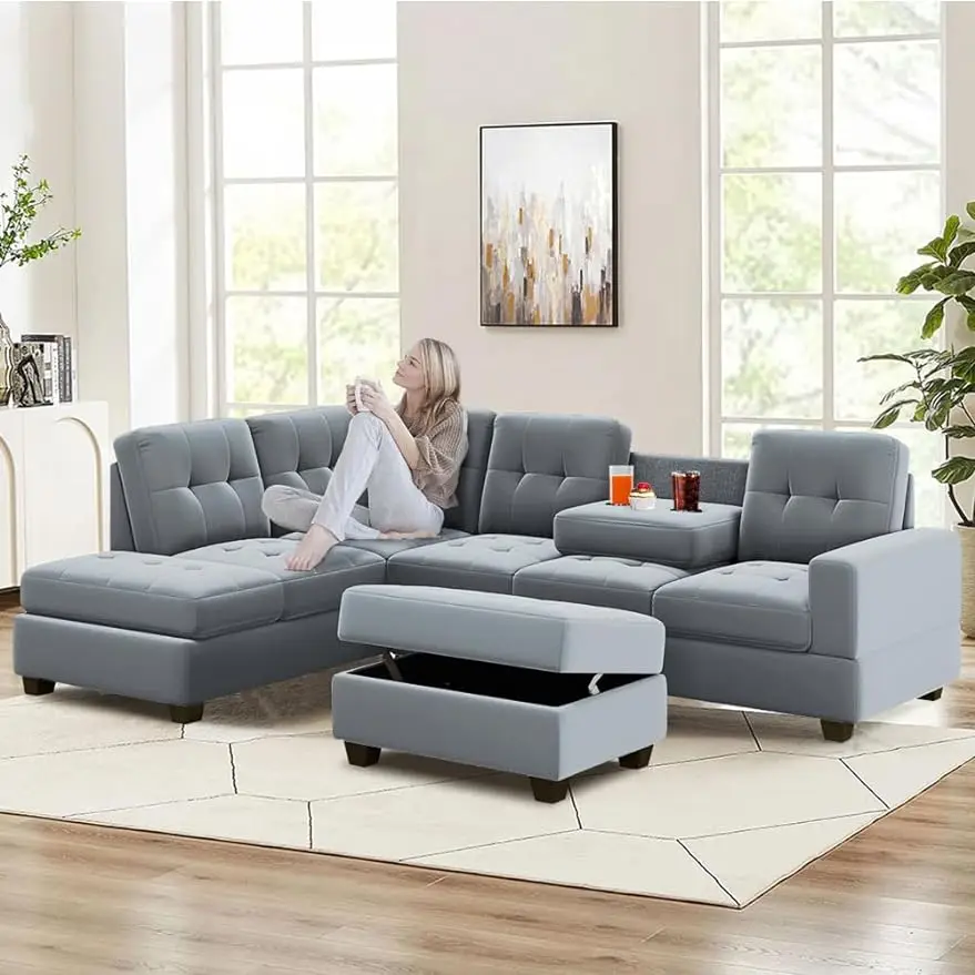 

Evedy Modern Sectional, L-Shaped Couch with Two Cup Holders&Storage Ottoman,3-Seaters Extra Wide Reversible Chaise,Upholstered