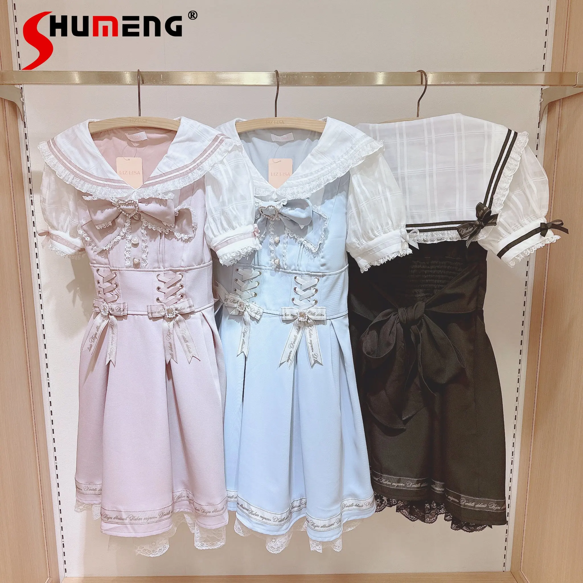 

Japanese Lolita Cute Mine Mass-Produced Bow Short Dresses Female 2023 Summer New Girly Girl Sweet Sailor Collar Dress for Women