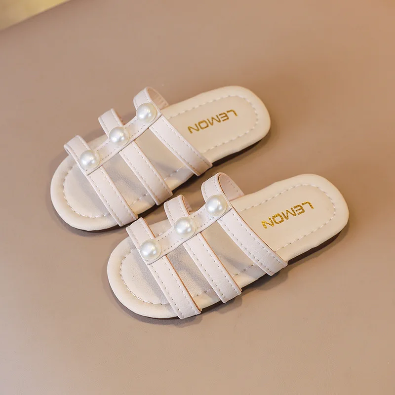

Girls Pearls Slippers Toddlers Little Kids Slides Beach Shoes with Beading Children Summer Outdoor Shoes 2023 Fashion Open Toes