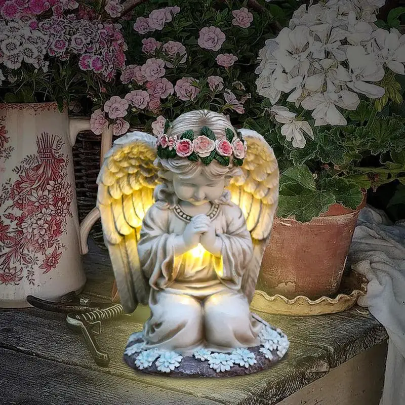 天使と子供の彫刻付きランプ 天使と子供の彫刻付きランプ 花付き天使の彫刻 ソーラーライト 男の子と