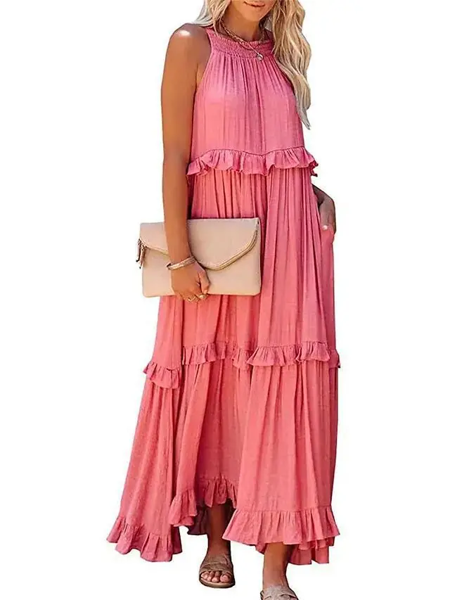 Summer Vacation Style Halter Neck Long Dresses Women Fashion Backless Leace-up Loose Ruffles Beach Dress Elegant Ladies Vestidos 12 Summer Vacation Style Halter Neck Long Dresses Women Fashion Backless Leace-up Loose Ruffles Beach Dress Elegant Ladies Vestidos