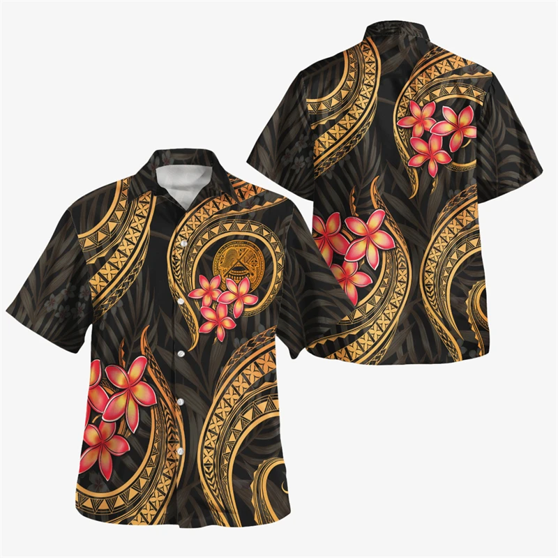 thumbnail image 1 of Camisa de playa de manga corta con estampado 3D para hombres, ropa tribal isleña polinesia, camisas casuales con botones para hombres, ropa, 1 of 5