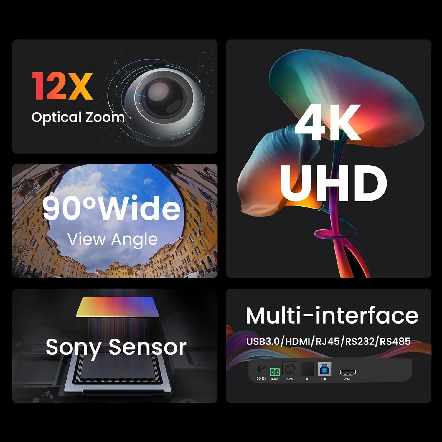 4K PTZ Conference Room Camera USB3.0/HDMI Live Streaming Camera 12X Optical Zoom Wide Angle for Video Conferencing Church