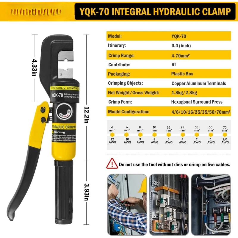 6 Ton Hydraulic Cable Lug Crimper Pliers 12 AWG to 2/0 AWG Hand Operated Hydraulic Crimping Tool Kit Wire Terminal 2
