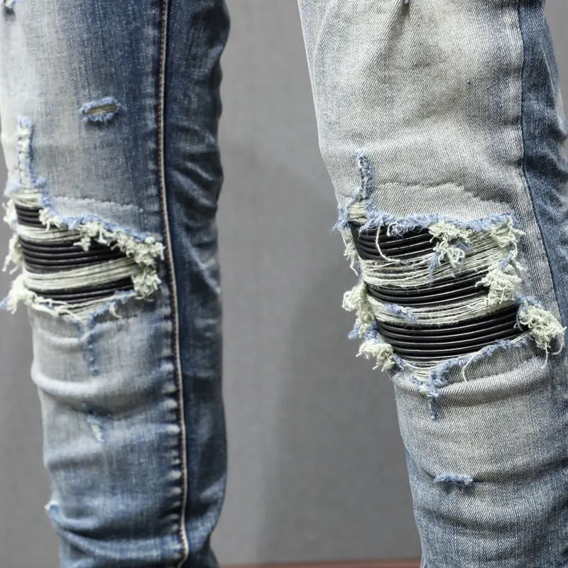 High Street Fashion Men's Patch Jeans Vintage Blue Elastic Tight Split Jeans Men's Leather Splicing Designer Hip Hop Brand Pants