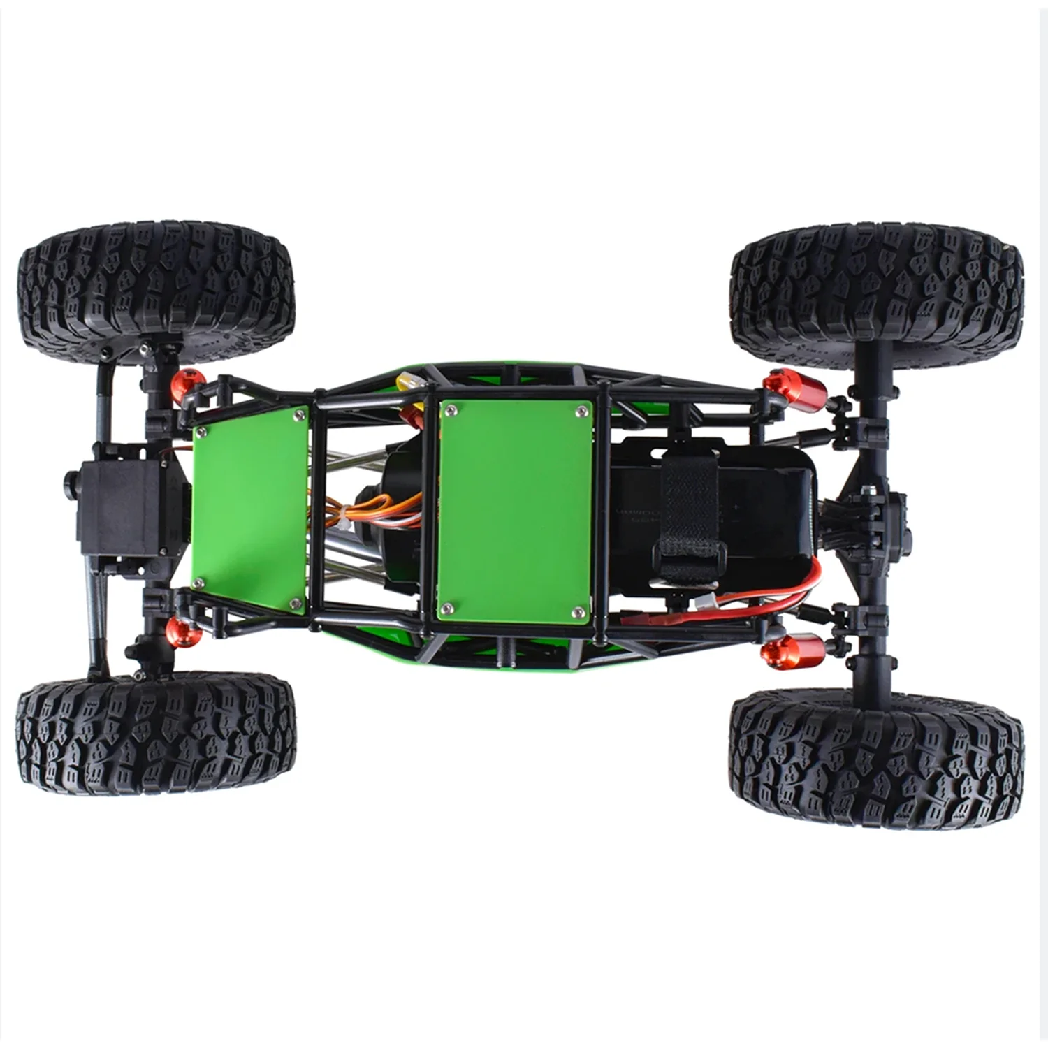 Dessous du Crawler RC 1/10 4x4 Tout-Terrain montrant la suspension et le châssis robuste.
