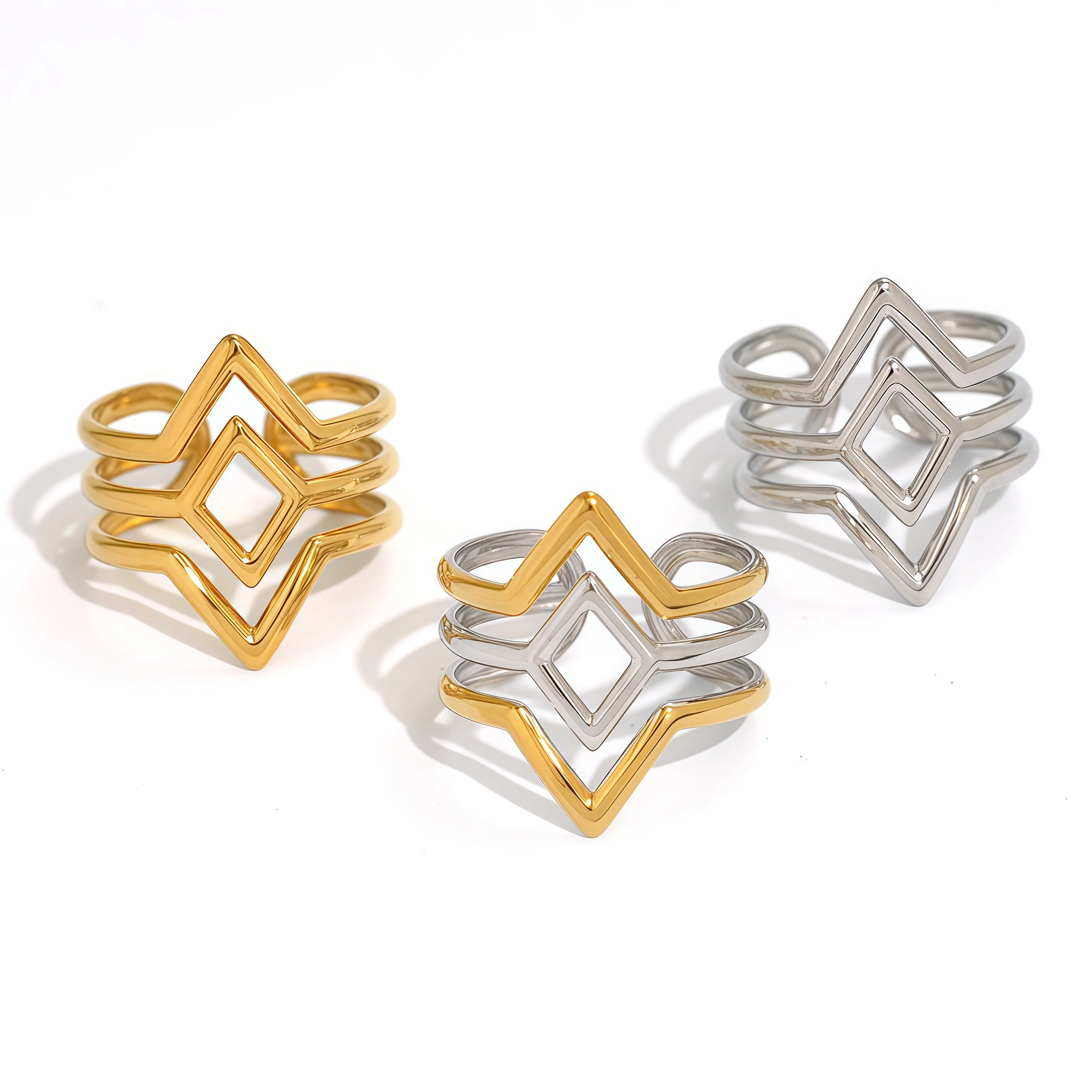 Modische, geometrische Design-Edelstahlringe, 18 Karat vergoldet, wasserdicht, hochwertiger Damenschmuck für den täglichen Gebrauch, Urlaub am Meer – Detail 4