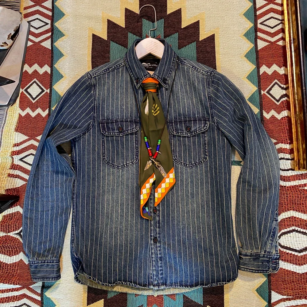 

Tailor Brando American Vintage Striped Denim Shirt Heavyweight Western Style Workwear Washed and Worn Long-sleeved Shirts