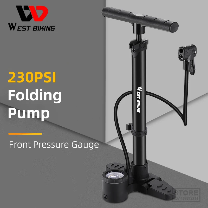 

WEST BIKING 230PSI High Pressure Floor Pump With Air Gauge Foldable Base Tire Inflator Schrader/Presta Aluminum Alloy MTB