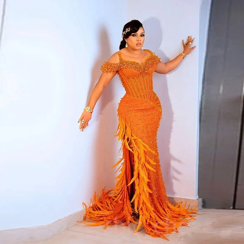 

Orange Sparkly Prom Dresses Aso Ebi Sexy Split Feather Evening Gowns Sweep Train Women Formal Wear Formal Party Dress Robe