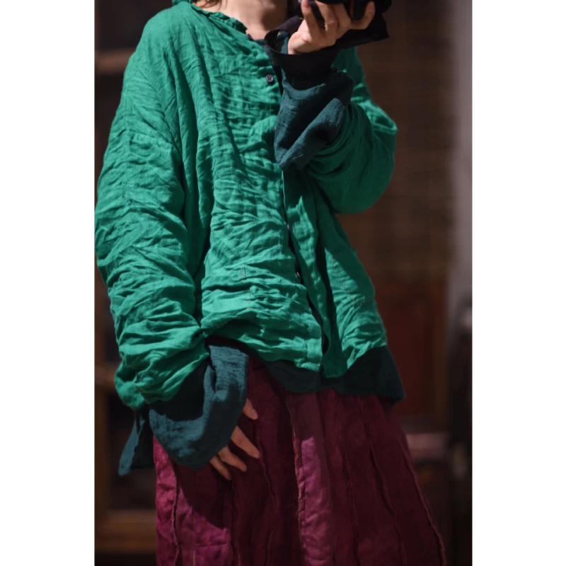 

Women Vintage Ramie Shirts And Tops Solid Color Button High Quality Blouses 2024 New Long Sleeve Women Shirts Casual Camisas
