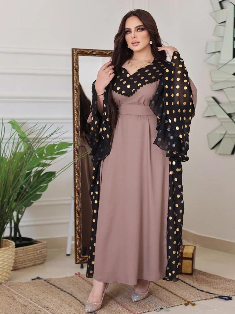

Polka Dot Morocco Abaya Muslim Dress Women Abayas Flare Sleeve India Dubai Arab Vestidos Kaftan Gown Robe Musulman Long Dress