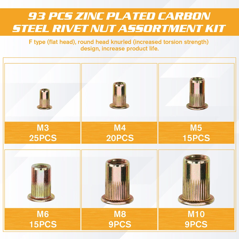 175pcs Zinc Plated Rivetnuts Blind Set Nutserts Threaded Insert Nutsert Cap Flat Head Rivet Nuts Carbon Steel M3 M4 M5 M6 M8 M10