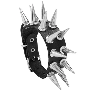 DIEZI Personality Rock Men's 2-row Spiked Bracelet Bangle For Women Vintage Punk Cosplay Black PU Leather Wrap Bracelet Jewelry