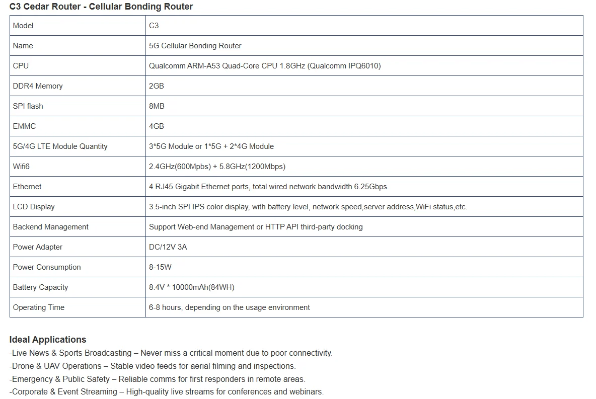 - Cedar C3 4G/5G Network Bonding Router, Multi-SIM Aggregation for Live Streamin