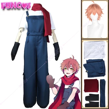 Edward Eddie Mason Cosplay Costume Wig Anime Satsuriku No Tenshi Angels of Death Red Scarf Blue Dungarees T-shirt Set Short Hair