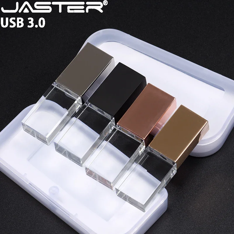 빨간색 LED USB 3.0 플래시 드라이브 128GB 무료 사용자 정의 로고 메모리 스틱 황금 크리스탈 펜 드라이브 투명 상자 Pendrive 크리 에이 티브 선물