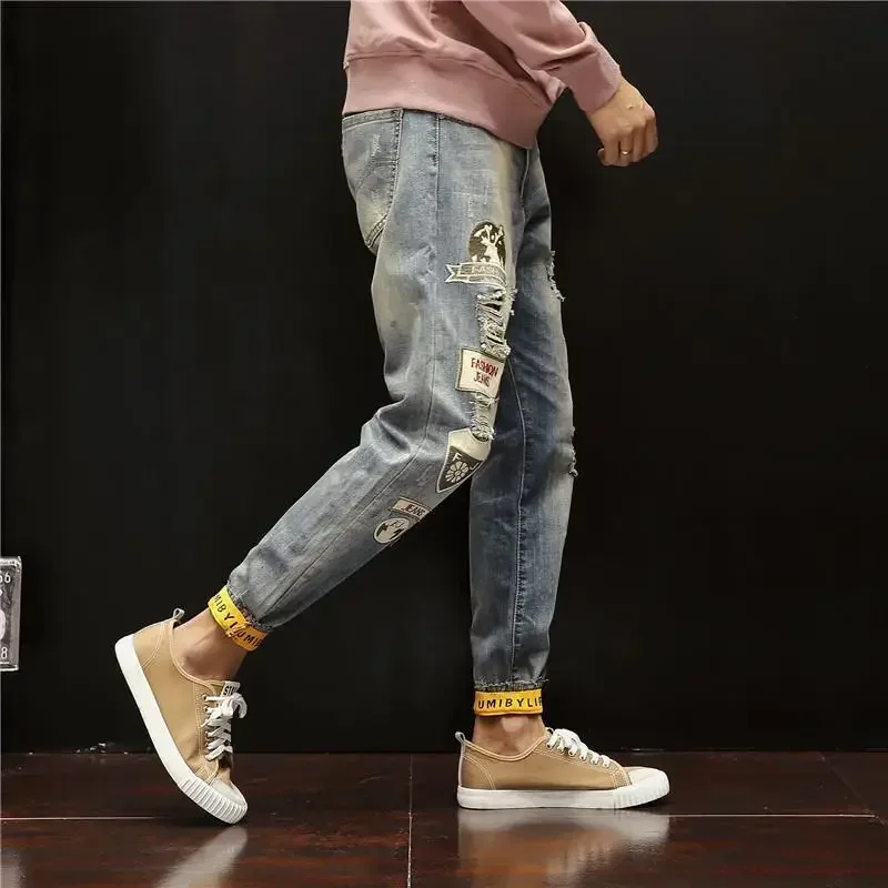 Pantalones vaqueros para hombre, pantalones gráficos recortados con agujeros, pantalones vaqueros para hombre, estampados rotos, ropa de calle, ropa de otoño, elegante Y2k