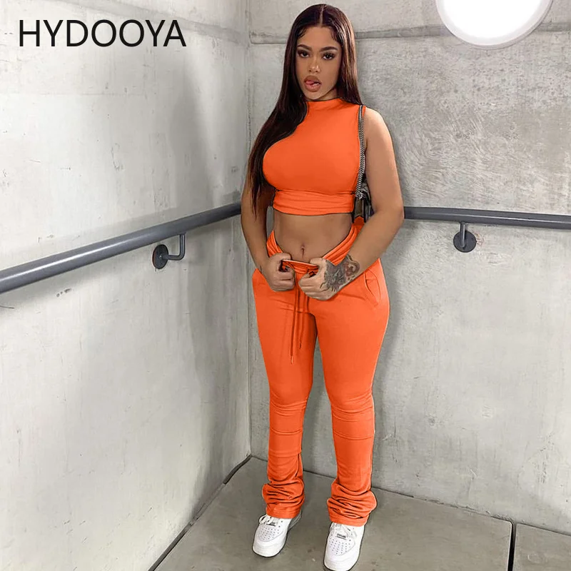 Streetwear 2 Two Piece Sets Women's Tracksuit Sleeveless Crop Top Stacked Trouser Suits Casual Outfits Sporty Matching Sets 2022