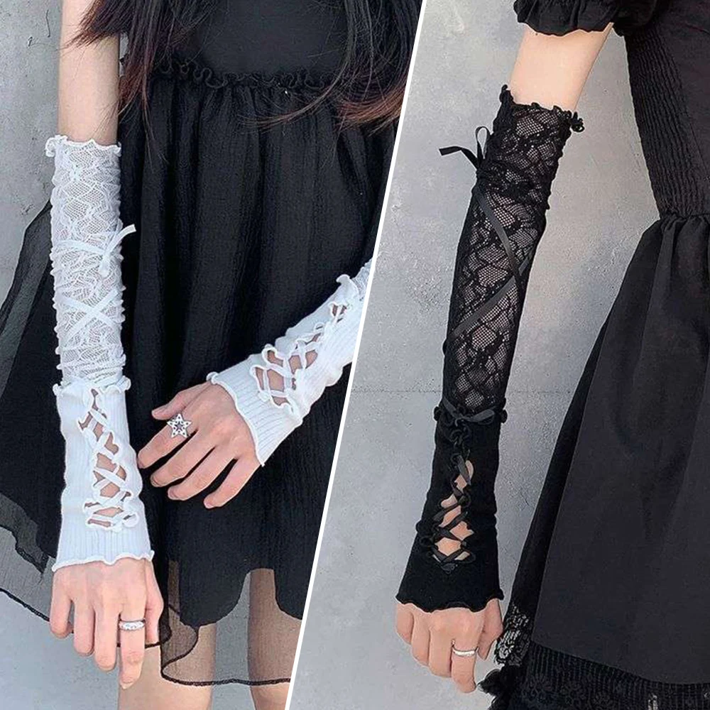 

Кружевные перчатки без пальцев Lolita Jk, черные готические самодельные обвязочные сетчатые рандомные солнцезащитные рукава с бантом, женские аксессуары для одежды