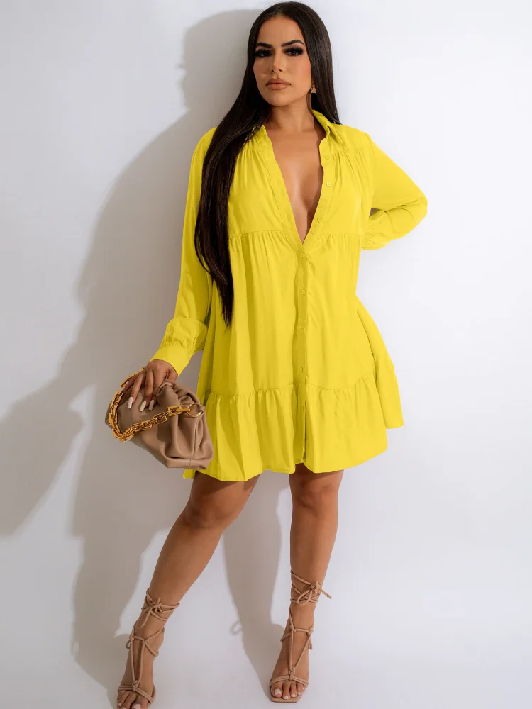 

KEXU Single Breasted Turn-down Neck Ruffles Big Swing Smock Shirt Dress 2023 Autumn Winter Elegant Women Long Sleeve Vestidos