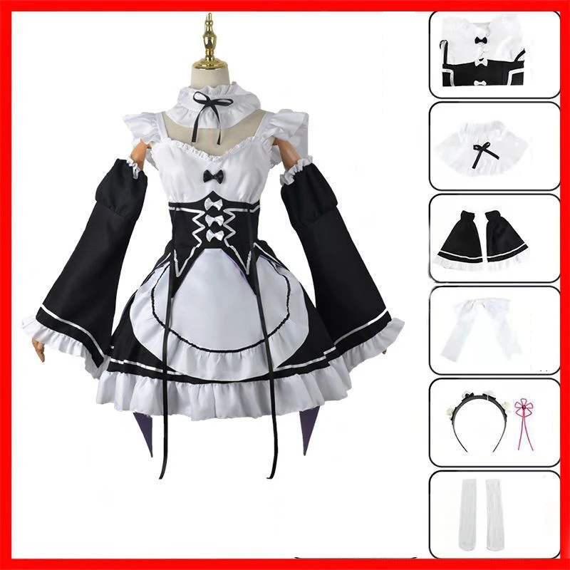 

Cosplay Costume Re:Zero Kara Hajimeru Isekai Seikatsu Costume Ram Rem Wig Black Dress Halloween Costumes for Women Girls