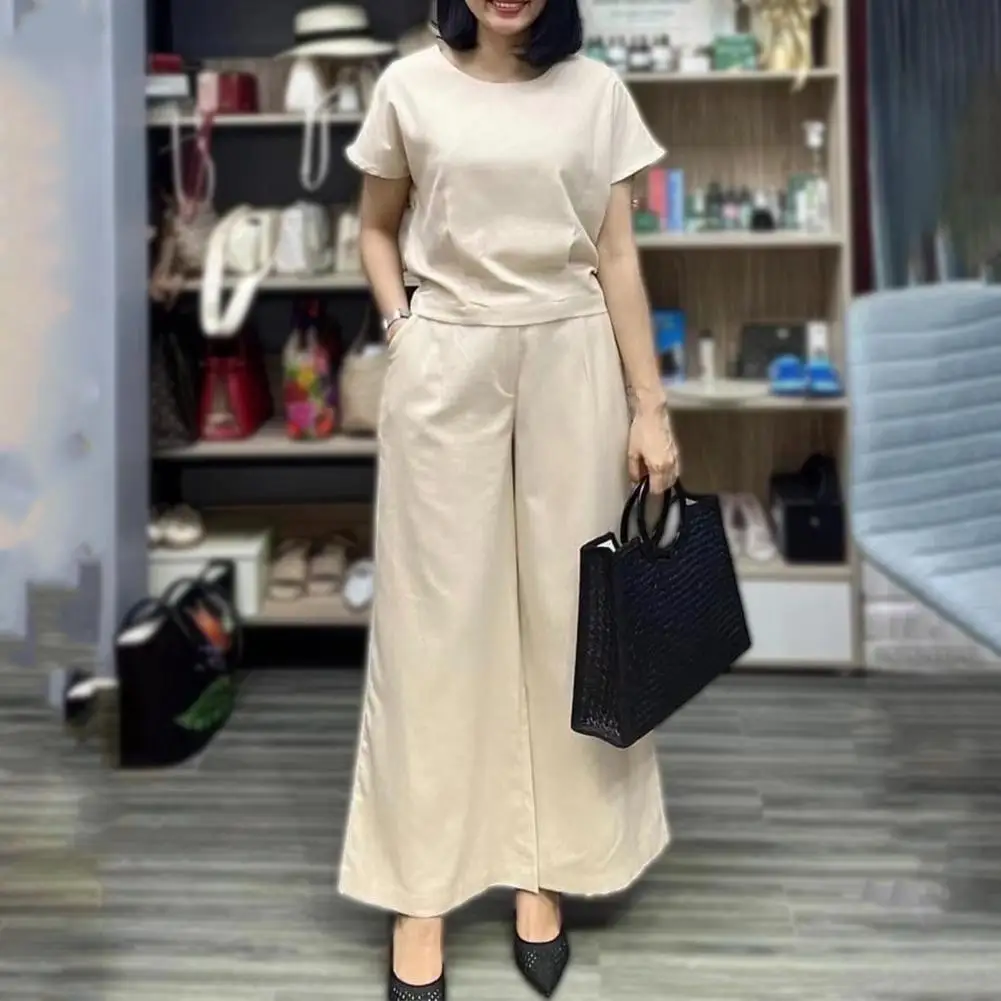 M-4XL 2Pcs Women Outfit Solid Color Loose Short Sleeve O-neck t-shirts Elastic Waist Wide Leg Pants Set Elegant Lady Tracksuit