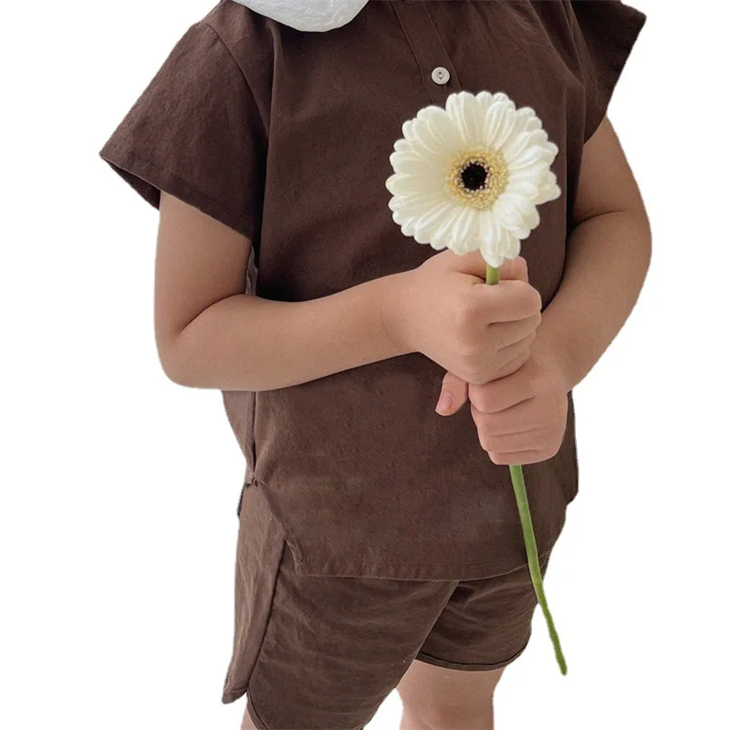 Korean version of ins boys and girls summer new fashion suit cotton trendy lapel short sleeve shorts casual two-piece set