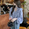 French Floral Print Chiffon Blouse Women Soft Long Sleeve V Neck Ruffled Shirt Elegant Office Casual Commute Spring Tops