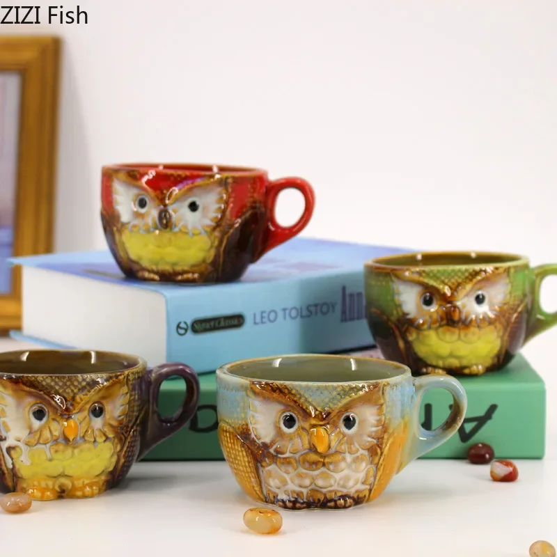 Painted Owl Mug Ceramic Cups Afternoon Tea Teacup Milk Fruit Juice Container Cartoon Owl Relief Coffee Cup Mugs with Lid