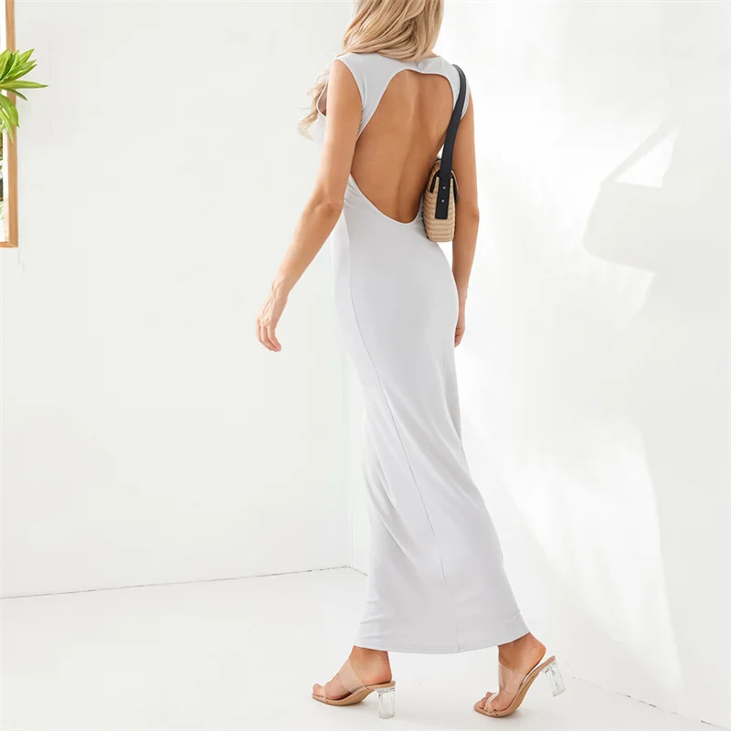 

Summer Casual Party Open Back Long Dress Women Solid Sleeveless Crew Neck Backless Slim Bodycon Dresses Club Streetwear Gray