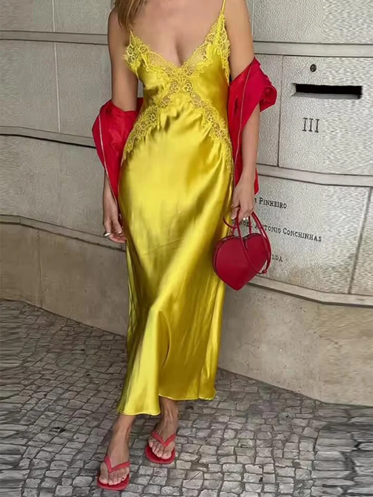 Womens Dresses Lace Satin Slip Dress Summer 2025 Sexy Evening Party Dresses Ladies Midi Yellow Sleeveless Backless Vestidos