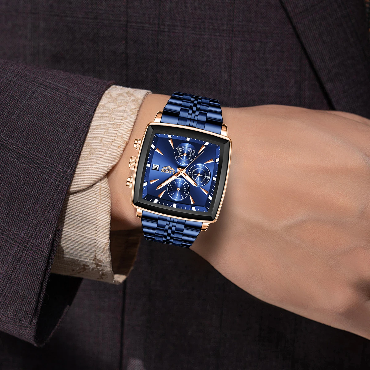 LIGE Waterproof Watch For Men Casual Sports Luminous Men's Quartz Wristwatches Stainless Steel Square Chronograph Reloj Hombre