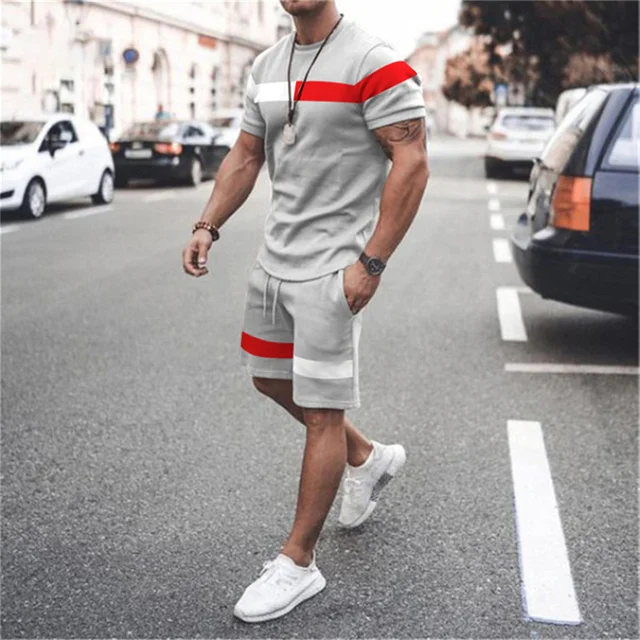 2022 New Summer Men's Suit Casual Beach Shorts Suit Sea View 3D Printing Short Suit Ordinary O-neck T-shirt 2-piece Set Oversize TS1285